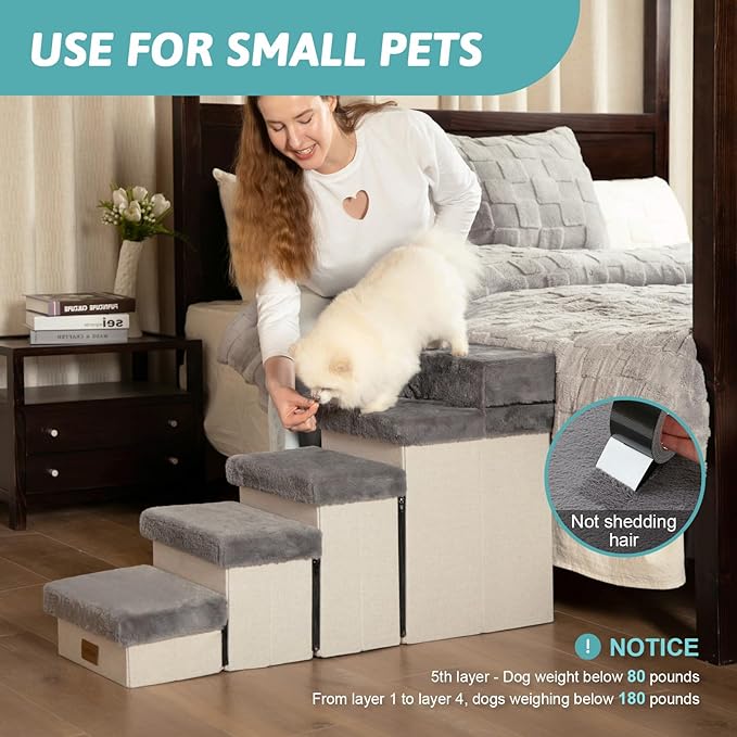 Dog Stair for Small Dogs with Storage, Foldable Pet Step with Soft Cover, Older Cat Ramp for Chair Couch Sofa, Lightweight, Durable, Comfort, 39.7x13x21.2 inch, 5 Tiers, Grey-PurrikoPets