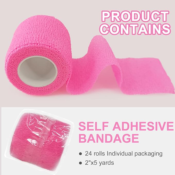 24 Pack Pink Self Adhesive Bandage Wrap, 2” x 5 Yards Cohesive Vet Wrap Elastic Athletic Tape Grip Tape Sports Tape for Ankle, Wrist Sprains, Medical, Pet First Aid (Pink, 2 Inch)-PurrikoPets