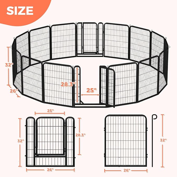 32 Inch Dog Playpen - 16 Panels Metal Pet Exercise Pen for Small-Medium Dogs, Indoor/Outdoor Dog Fence for Yard, Garden, Camping & RV Travel-PurrikoPets