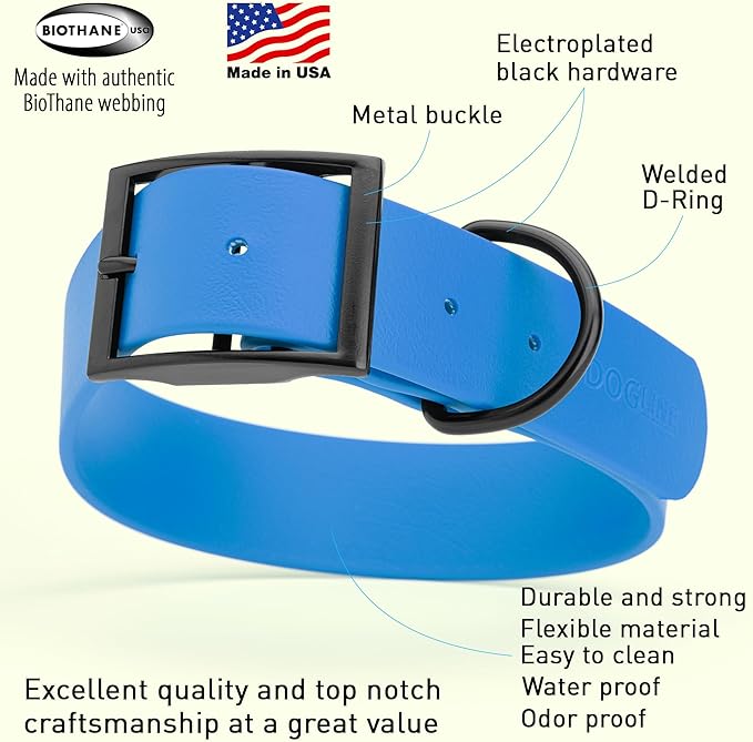 Dogline Biothane Waterproof Dog Collar Strong Coated Nylon Webbing with Black Hardware Odor- Proof for Easy Care Easy to Clean High Performance Fits Small Medium or Large Dogs, Cerulean Blue-PurrikoPets