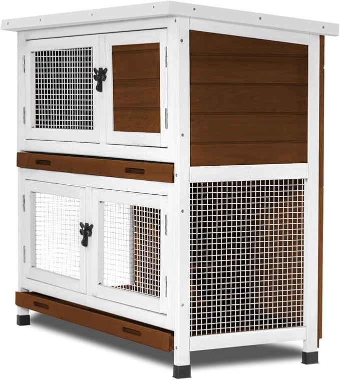 2 Story Rabbit Hutch, Indoor Outdoor Bunny Hutch Solid Wood Rabbit Cage with Removable Trays, Waterproof Asphalt Roofs and Ventilation Door, Small Animal House for Rabbit Guinea Pig Ferret, Walnut-PurrikoPets