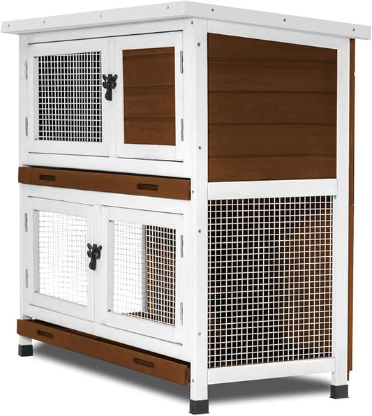 2 Story Rabbit Hutch, Indoor Outdoor Bunny Hutch Solid Wood Rabbit Cage with Removable Trays, Waterproof Asphalt Roofs and Ventilation Door, Small Animal House for Rabbit Guinea Pig Ferret, Walnut-PurrikoPets