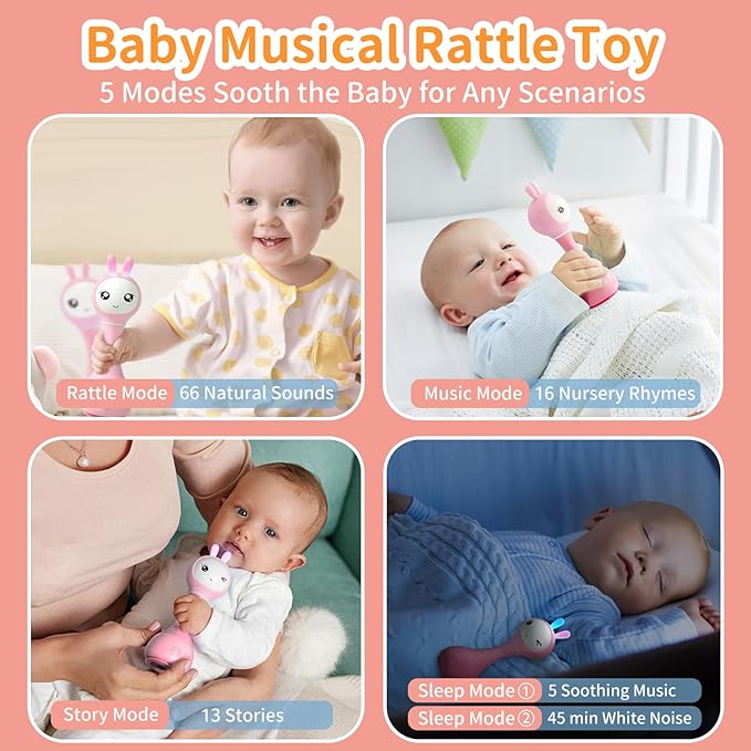 alilo Smarty Bunny Baby Rattle Musical Light Up Toys, Infants Newborns Baby Toys 0-3-6-12-18-24 Months,1 Year Old Boy Girl Gifts, 4 Music Modes and Color Recognition Function with 9 Color Card-PurrikoPets