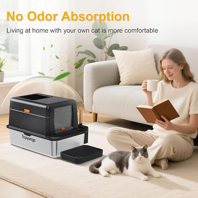 Enclosed Stainless Steel Litter Box with Lid, 20L Metal Enclosed Litter Box for Big Cat, Flip-Top Design with Anti-Leakage High Sides, Cat Lovers Gifts（Black）-PurrikoPets