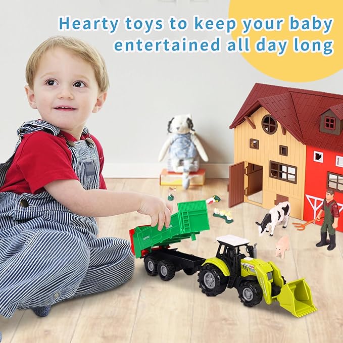 Farm Animals Figurines Toys -140 pcs Toy Set Barn Toy Horse Stable Tractor Trailer Windmill Farmer Fence Playset for Kids Toddlers Boy Girl 3-7 Years Old-PurrikoPets