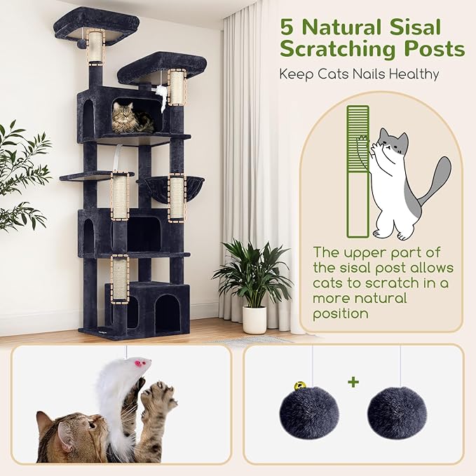 Globlazer Sturdy Cat Tree for Large Cats, 77 inch Large Cat Climbing Tower for Indoor Adult Cats, Cat Scratching Tower with 5 Scratching Posts, 3 Cat Condos, 2 Top Perches, S77, Dark Grey-PurrikoPets