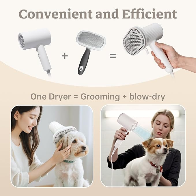 Dog Hair Dryer, Professional 2-in-1 Pet Hair Dryer & Grooming Brush with Removable Comb, Adjustable Temperature/Speed, Portable Dryer for Dogs and Cats-PurrikoPets