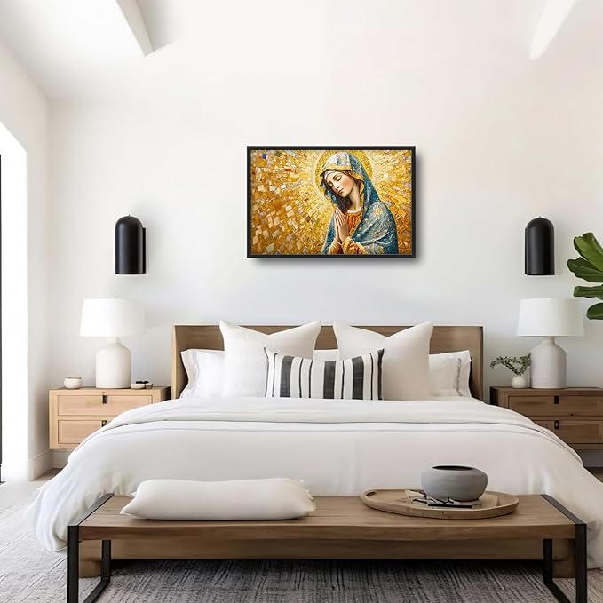 Extra Large Virgin Mary Framed Wall Art for Living Room,Oversized Golden Christian Religious Pictures Wall Decor,Canvas Print Painting Modern Artwork Bedroom Office Bathroom 36L" x 24W"-PurrikoPets