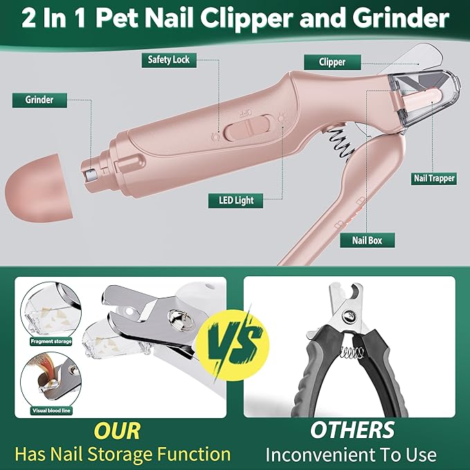 2 in 1 Dog Nail Clippers and Grinder with Lights & Cat Nail Clipper for Large Medium Small Dogs Cats Nail Trimmers USB Rechargeable with 2 LED Lights Dog Claw Care for Non-Black Nails-PurrikoPets
