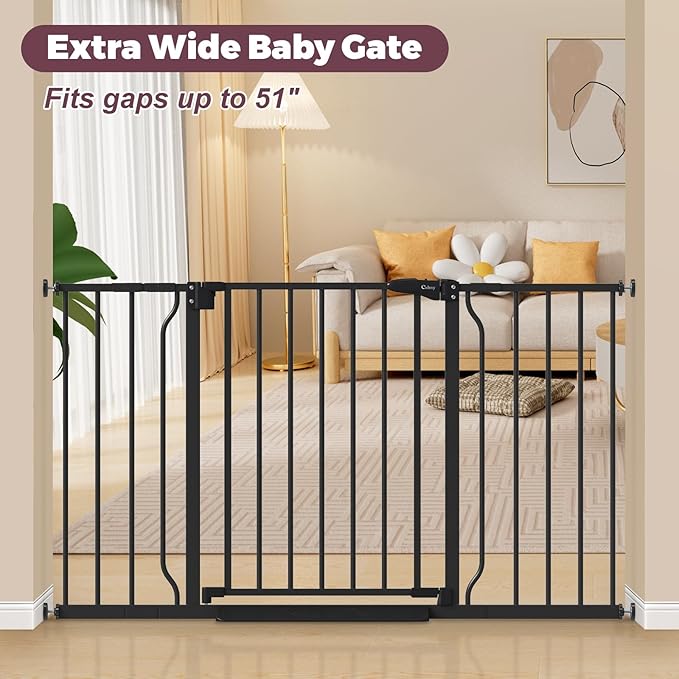 29"-51" Baby Gate for Stairs, Auto Close Stroller Friendly Dog Gate Indoor for Doorways, Pressure Mounted Baby Gate, Easy Walk Through Gate for Children & Pets, Black-PurrikoPets