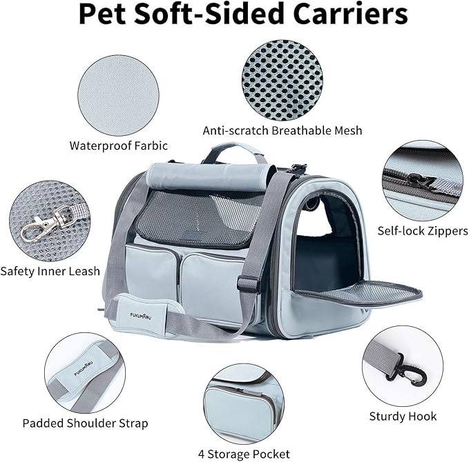 FUKUMARU Cat Carrier, Soft-Sided Small Dog Carrier, Large Cat Travel Bag with 4 Mesh Windows, Under 15 lb Airline Approved Pet Carrier with 4 Storage Pockets, Rollable Cover for Nervous Cats, Grey-PurrikoPets