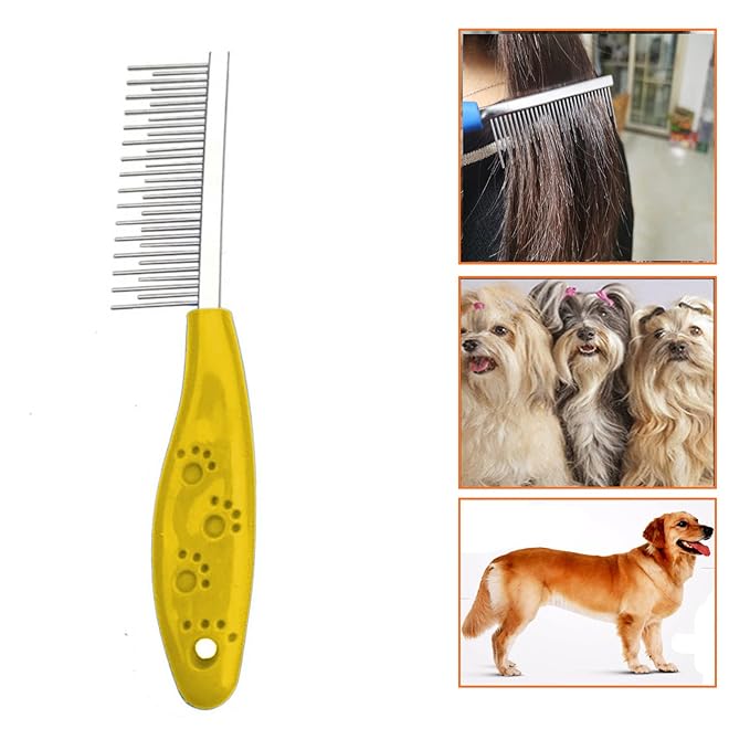 Dog or Cat Comb Grooming with Short and Long Teeth Dematting Knots Tangles Remover Combs Detangler Tool Suitable for Dogs Cats Poodle HorseStainless Steel Pin (Yellow)-PurrikoPets
