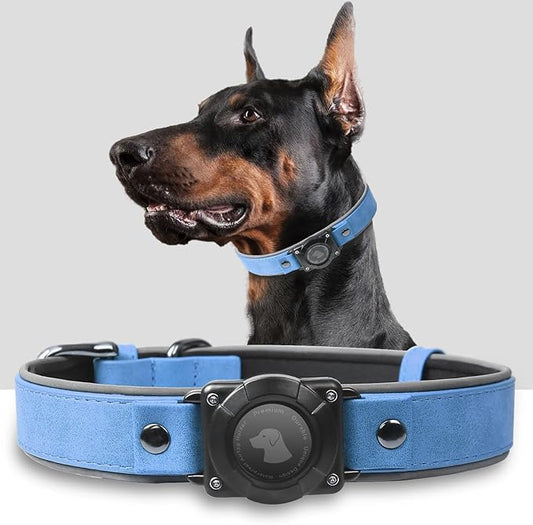 AirTag Dog Collar - Leather Dog Collar with Air Tag Holder | IPX8 Waterproof, Reflective, High - End, Adjustable Soft Padded | Dog GPS Tracker Collars Fit for Medium Large Dogs (Blue, M)-PurrikoPets