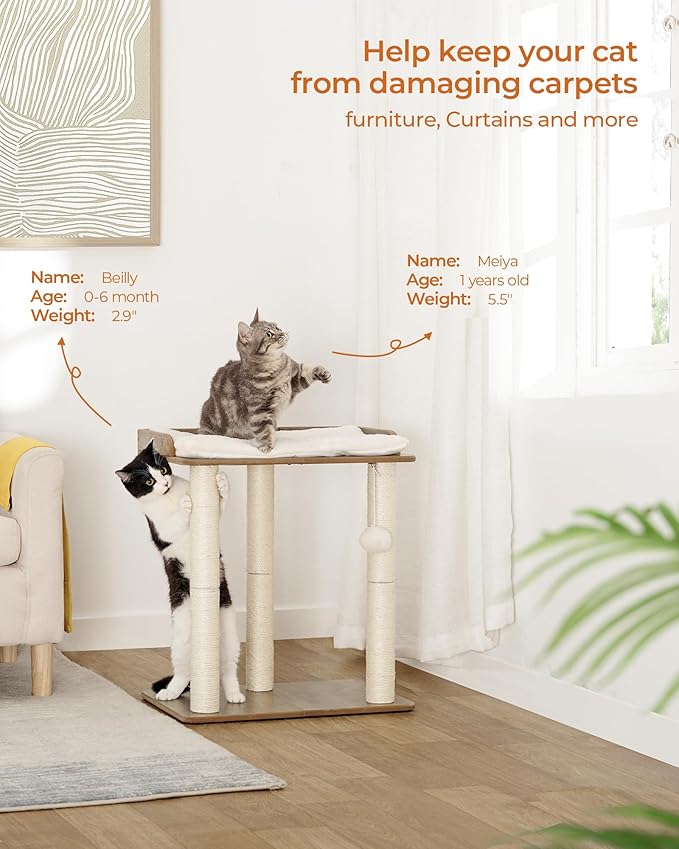 FourFurPets 22in Cat Tree Tower Condo, Cat Scratch Posts for Indoor Cats, Big Plate, Three 23.6in Full Sisal Scratching Posts, Greige-PurrikoPets