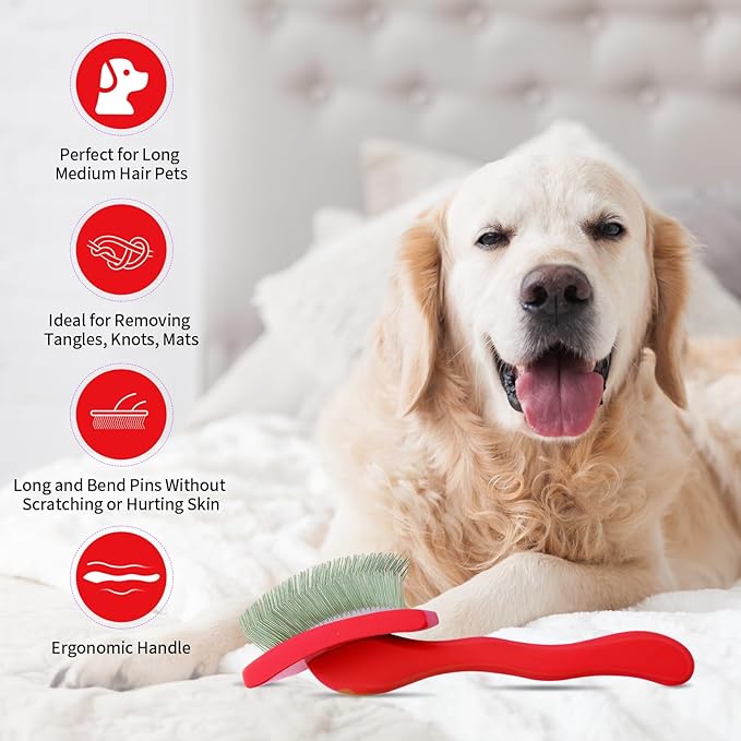 Dog Slicker Brush for Shedding and Grooming Medium or Long Haired Cats, Extra Long & Soft Pin Slicker Brush for Removes Loose Hair, Tangles, Knots, Undercoat, Free Pet Comb, Large Red-PurrikoPets