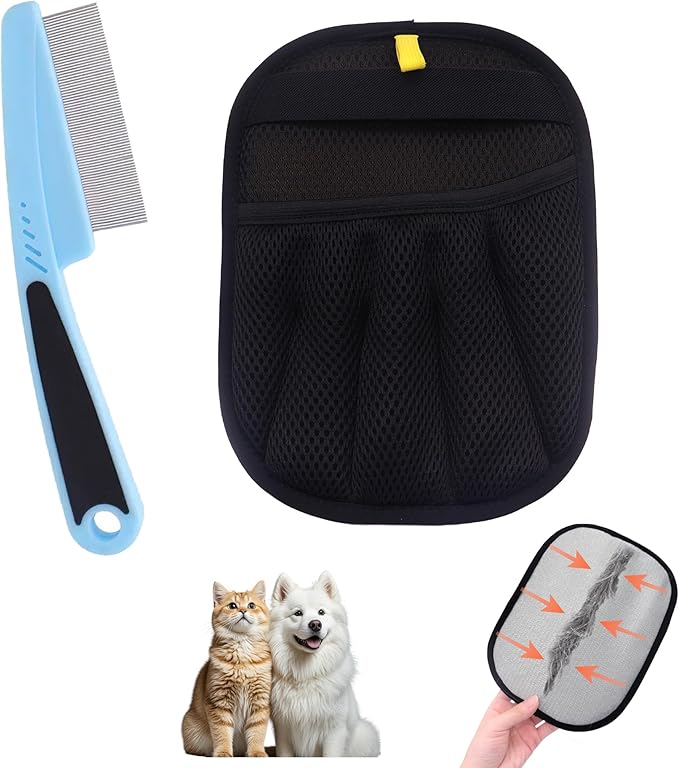 Electrostatic Pet Hair Remover Glove, Reusable Pet Hair Removal Glove for Dog & Cat Grooming, Double Sided Static Pet Hair Fur Remover Gloves for Clothing, Couch, Car Seat (2 gloves+1 flea comb)-PurrikoPets