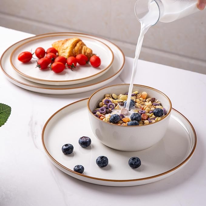 GBHOME Ceramic Dinnerware Sets for 4, 12 Pieces Stoneware Plates and Bowls Sets, Scratch Resistant Dishes, Dishwasher & Microwave Safe, Reactive Glaze-White-PurrikoPets