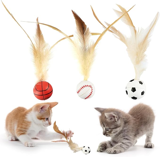 6 Pcs Feather Ball Cat Toy,Interactive Feather Bouncy Ball Toy Set for Cats,Mini and Elastic,Suitable for Pets to Play Indoors and Outdoors-PurrikoPets