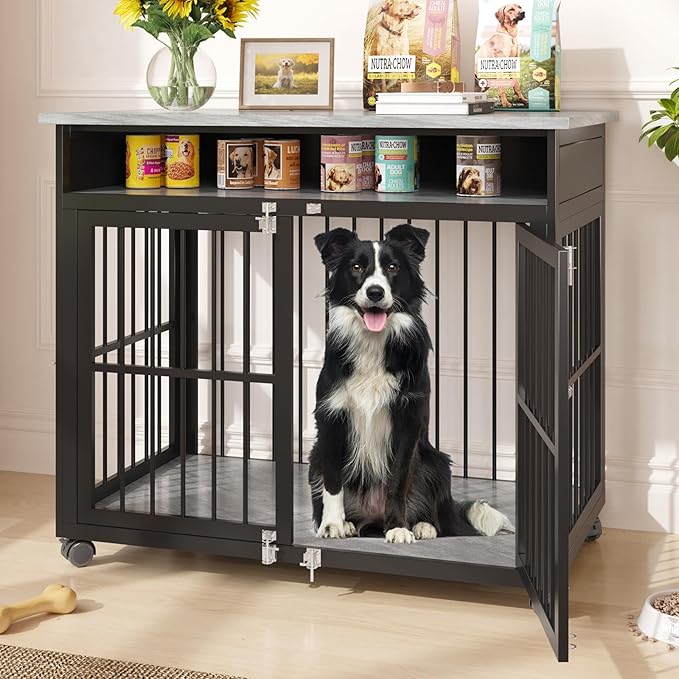 39.4" Dog Crate Furniture for Medium and Large Breed, Dog Kennel Furniture with Storage Shelf & Lockable Wheels, Heavy Duty Wooden End Side Table Pet Cage Indoor, Chew-Resistant, Grey-PurrikoPets