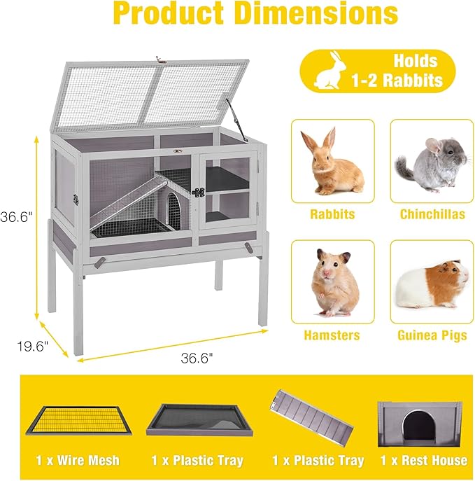 Aivituvin 2-Story Rabbit Hutch with Anti-Chew Ramp & Zinc Sheet - 36.6" Indoor Guinea Pig Cage, Wooden Stand, Pull-Out Tray & Leakproof Floor (Grey)-PurrikoPets