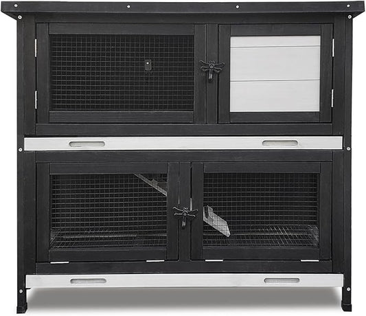 Double Level Solid Wood Rabbit Hutch Small Animal Cage for Rabbits, Guinea Pigs, Hedgehogs & Lizards Indoor/Outdoor– 2-Tier Eco-Friendly Habitat with Bedding Area, Durable & Easy to Clean-PurrikoPets