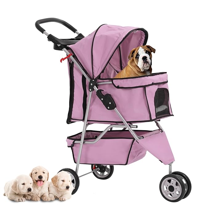Dog Stroller,3 Wheels Travel Folding Pet Stroller for Small Medium Dog Cat Jogger Stroller with Storage Basket Removable Liner Pink-PurrikoPets