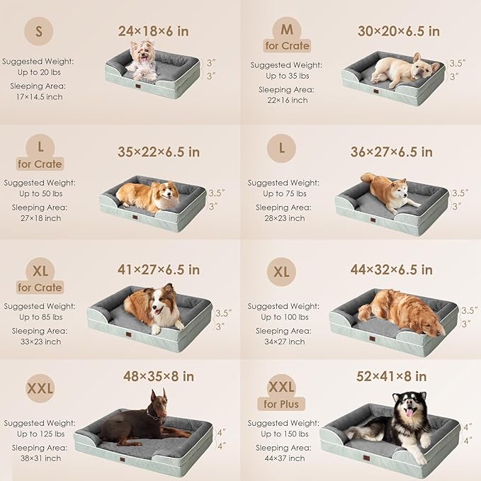 EHEYCIGA Orthopedic Dog Beds for Extra Large Dogs, Waterproof Memory Foam XXL Dog Bed with Sides, Non-Slip Bottom and Egg-Crate Foam Big Pet Couch Bed with Washable Removable Cover, Greyish Green-PurrikoPets