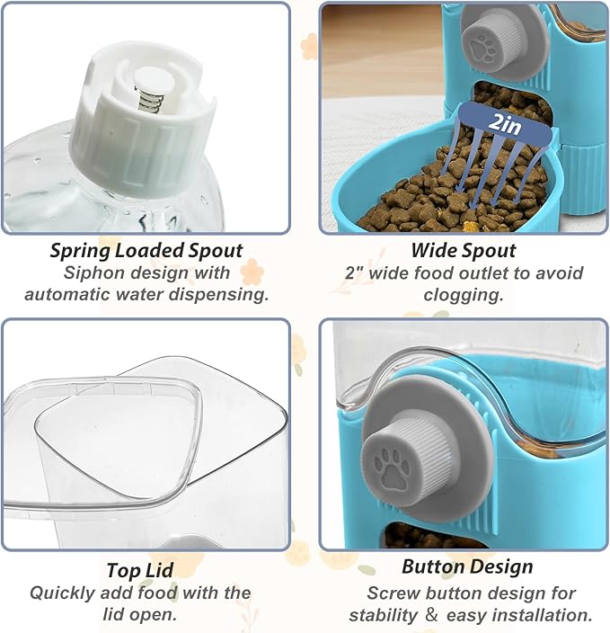 Fhiny Rabbit Food & Water Dispenser, Large Capacity Gravity Guinea Pig Feeder and Waterer Set for Cage Hanging Automatic Bunny Feeder for Bunny Guinea Pig Chinchilla Ferret Cat Puppy-PurrikoPets