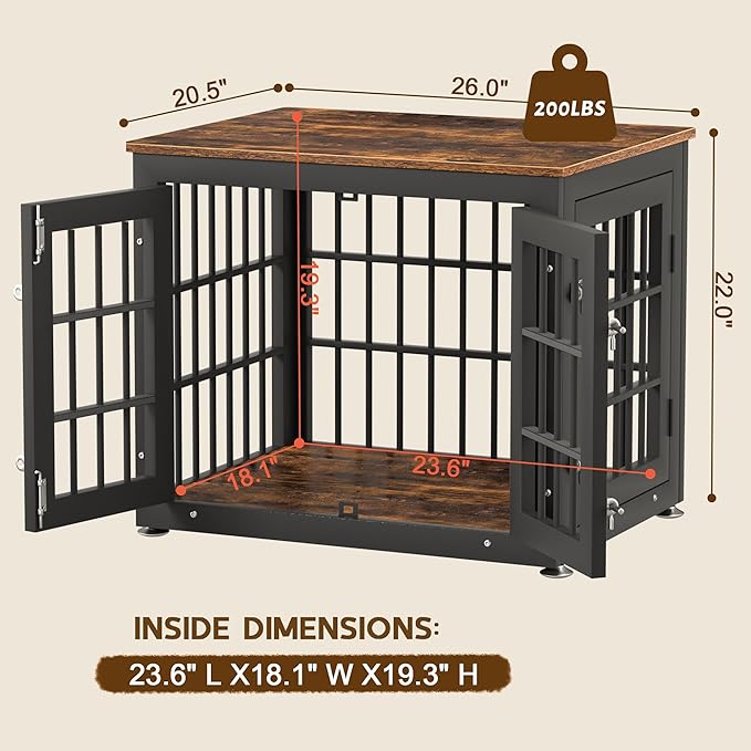 26 Inch Heavy Duty Dog Crate Furniture for Small Dogs, Decorative Pet House End Table, Wooden Cage Kennel Furniture Indoor, Rustic Brown-PurrikoPets
