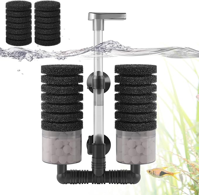 Air Powered Aquarium Sponge Filter with Biochemical Sponge and Ceramic Balls, Quiet Submersible Fish Tank Filter for 8-20Gallon (M-6.7in)-PurrikoPets