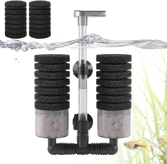 Air Powered Aquarium Sponge Filter with Biochemical Sponge and Ceramic Balls, Quiet Submersible Fish Tank Filter for 8-20Gallon (M-6.7in)-PurrikoPets