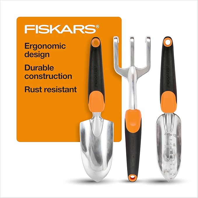 Fiskars 3-in-1 Garden Tool Set, Includes Trowel, Transplanter, and Cultivator for Outdoor Gardening, Ergonomic Yard Tool Kit-PurrikoPets