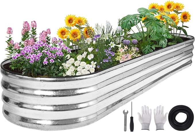 Galvanized Raised Garden Bed - 8×2×1ft Planter Raised Beds for Gardening | Oval Metal Garden Planter Box with Safety Edging and Bracing Rods for Vegetables Fruits and Flowers - Silver-PurrikoPets