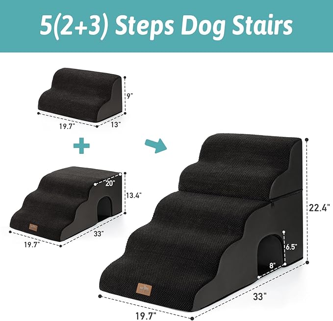 Extra Wide Dog Stairs with Tunnel, Detachable Large Pet Step for Small Medium Dog, Puppy or Cat, Ramp for High Bed, Couch, Sofa or Car, Stable, 19.7x33x22.4 inch, 5 Step, Black-PurrikoPets