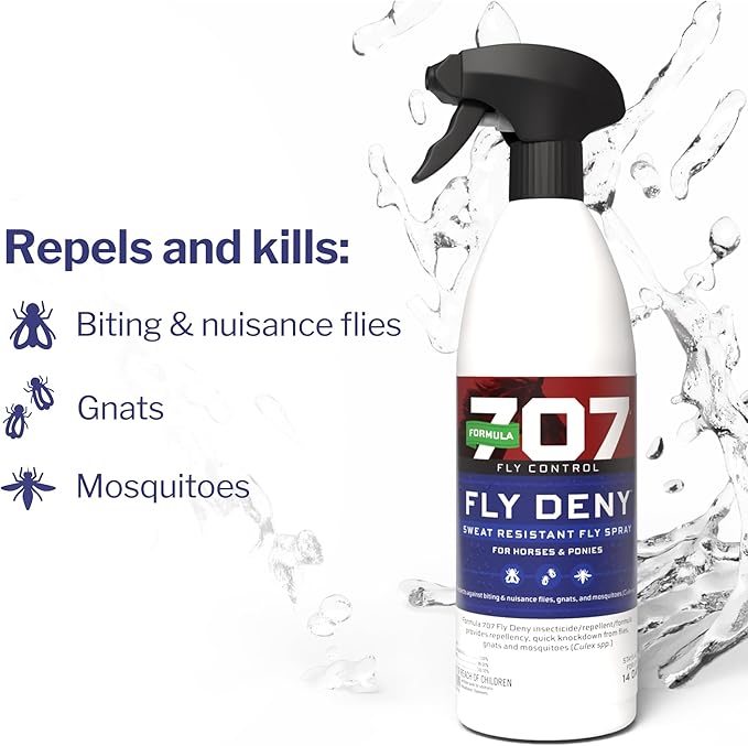 Formula 707 Fly Deny Spray for Horses & Ponies, Sweat-Resistant 14-Day Protection from Flies, Gnats & Mosquitoes, Repels and Kills, 32 Oz-PurrikoPets