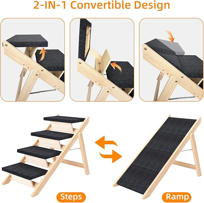Dog Stairs/Ramp for Bed, Wooden Convertible Pet Steps, Portable Dog Ladder Up to 180 Pound for Elderly/Short-Legged Dogs, 4 Steps for Beds, Couch, Cars-PurrikoPets