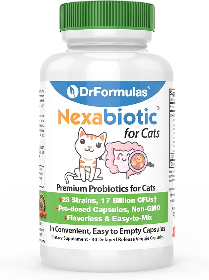 DrFormulas Nexabiotic Probiotics for Cats Powder | Treats Diarrhea for Pets with Saccharomyces Boulardii Lactobacillus Acidophilus, Best Probiotics Supplement for Digestive Health 30 Capsule-PurrikoPets