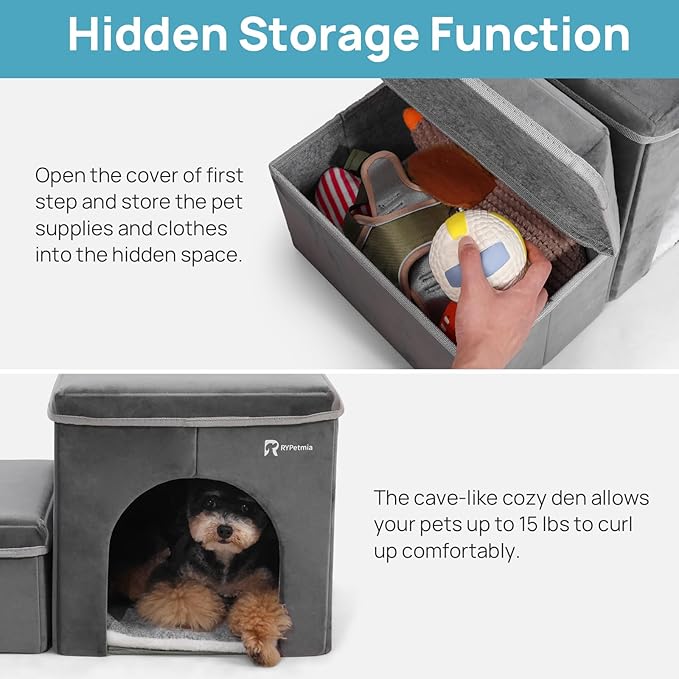 Foldable Pet Stairs for Beds & Sofas - Non-Slip Dog Steps with Storage for Small to Medium Dogs & Cats, Supports up to 120 lbs - Durable 2 & 3-Step Doggie Ladder for Easy Access-PurrikoPets