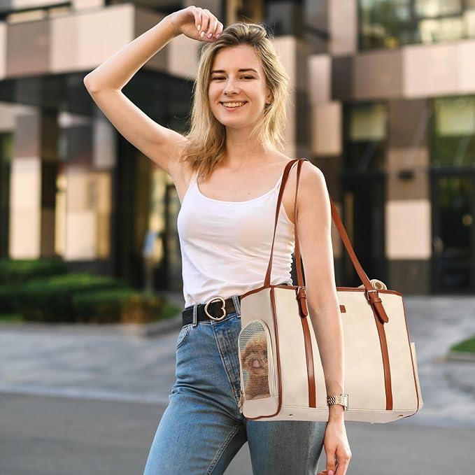 Fashion Dog Purse Pet Carrier Leather Bag for Small Dogs Cats Puppy, Portable Tote Bag Airline Approved Soft-Sided Carriers (Beign)-PurrikoPets