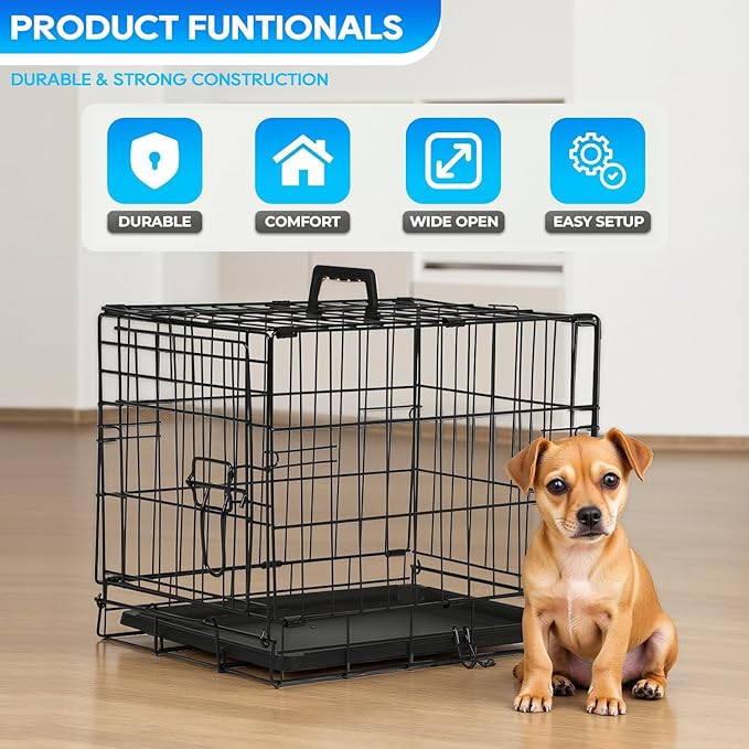 FDW Dog Crate for Small Dogs 18 Inch Folding Metal Wire Pet Cage Double Door W/Divider Panel Indoor Outdoor Kennel Leak-Proof Plastic Tray,Black-PurrikoPets