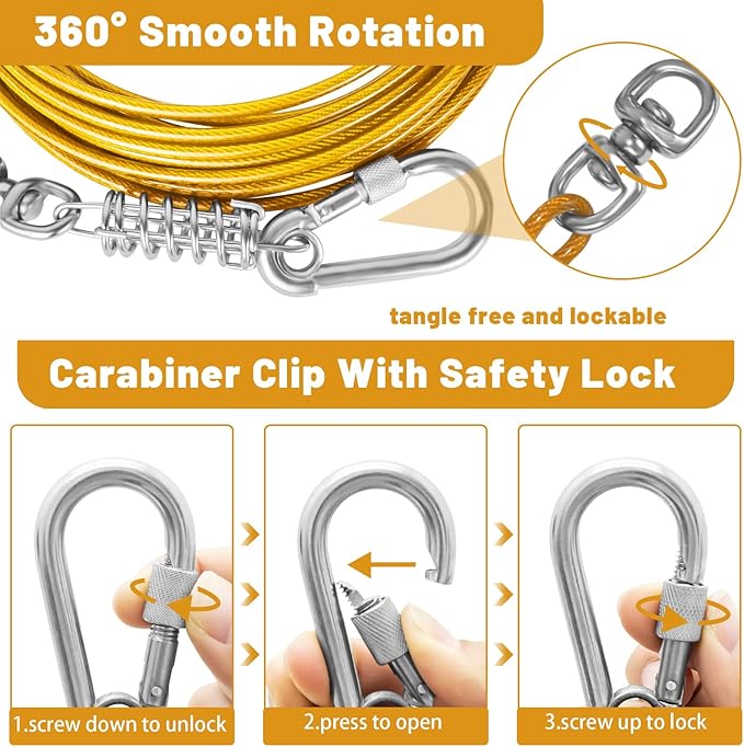 Dog Tie Out Cable - 10/15/20/25/30FT Heavy Duty for Large Dogs Up to 250LBS - Rosy Pink/Blue/Purple/Silver/Red/Green/Yellow-PurrikoPets