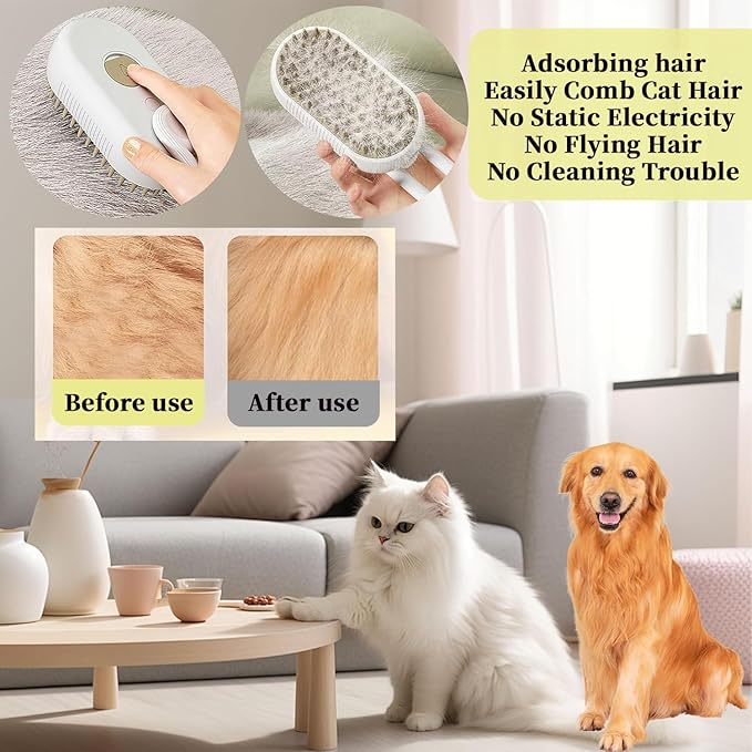 4-in1 Cat Steam Brush for Shedding & Grooming, Spray Hair Removal Comb with 1 Waterless Shampoo, Cat Brush for Massage, Pet Grooming Comb Hair Removal Tool for Cats and Dogs-PurrikoPets