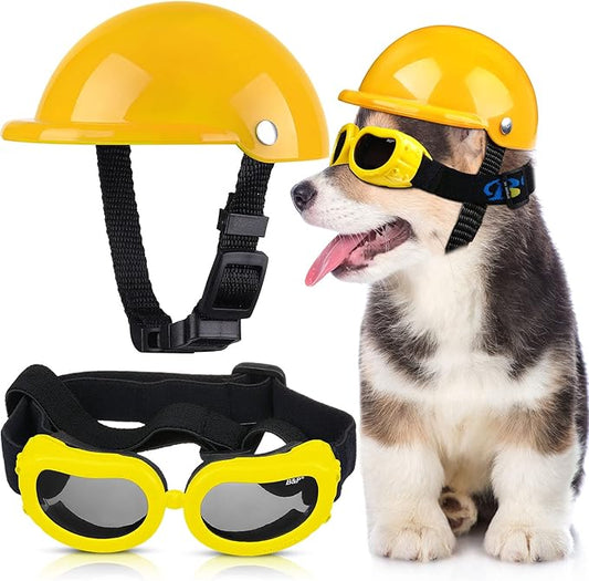 Frienda Dog Helmet and Goggles, UV Protection Doggy Sunglasses and 4 Inch Padded Puppy Motorcycle Helmet Adorable Dog Goggles with Adjustable Belt for Small Dogs Puppy Riding(Yellow,S)-PurrikoPets