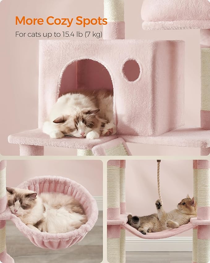 Feandrea Cat Tree, 81.1-Inch Large Cat Tower with 13 Scratching Posts, 2 Perches, 2 Caves, Basket, Hammock, Pompoms, Multi-Level Plush Cat Condo for Indoor Cats, Jelly Pink UPCT190P01-PurrikoPets