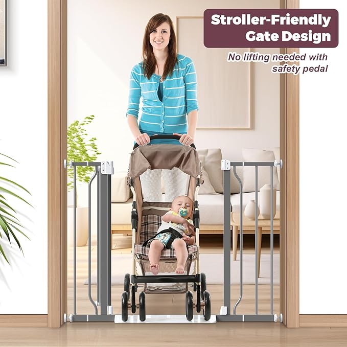 29"-40" Baby Gate for Stairs, Auto Close Stroller Friendly Dog Gate Indoor for Doorways, Pressure Mounted Baby Gate, Easy Walk Through Gate for Children & Pets, Grey-PurrikoPets
