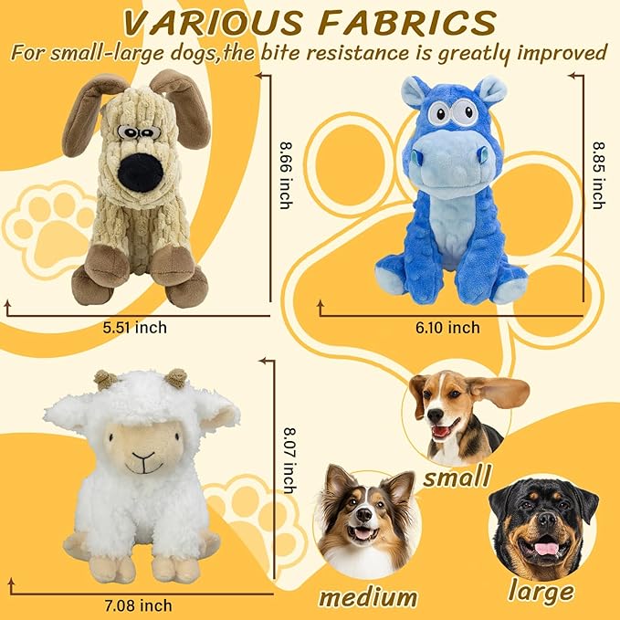 3Pack Squeaky Stuffed Dog Toys- Indoor&Outdoor Playing Toys for Large to Small, Durable Plush Toys to Keep Them Busy- Animal Shape Crinkle Toy-PurrikoPets
