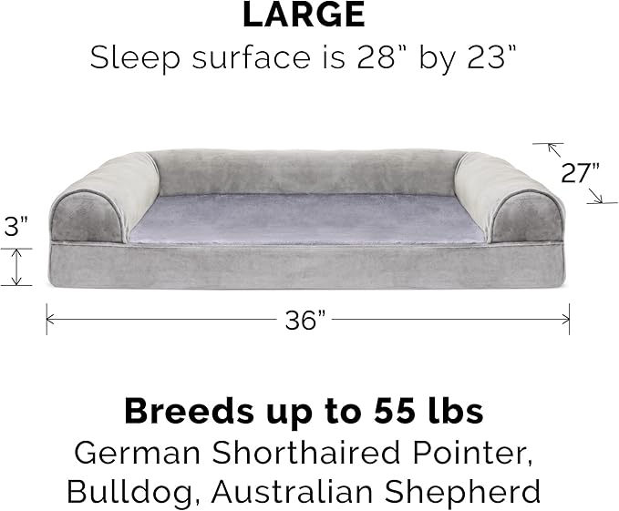 Furhaven Cooling Gel Dog Bed for Large/Medium Dogs w/ Removable Bolsters & Washable Cover, For Dogs Up to 55 lbs - Faux Fur & Velvet Sofa - Smoke Gray, Large-PurrikoPets