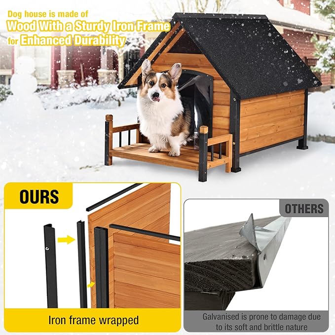 AIVITUVIN Outdoor Dog House Insulated Liner with Anti-Chewing Iron Surround Dog Kennel Dog Shelter Weatherproof (Brown, 45" D x 32.9" W x 32.6" H)-PurrikoPets