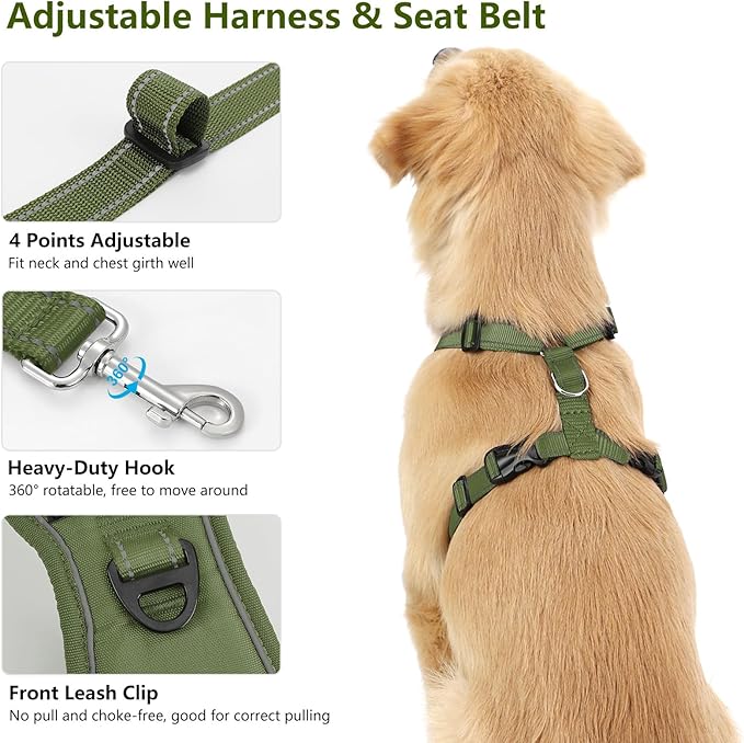 Dog Seat Belt Harness for Car, Dog Car Harness Adjustable Mesh Breathable & Dogs Seatbelt Safety Tether with Elastic Bungee for Small Medium Large Pets(Army Green, S)-PurrikoPets