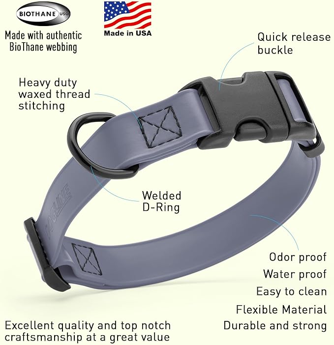 Dogline Biothane Waterproof Dog Collar with Quick Release Buckle Strong Coated Nylon Webbing with Odor- Proof for Easy Care Easy to Clean Fits Small Medium Large Dogs, Grey 5/8" W 9-14" L-PurrikoPets